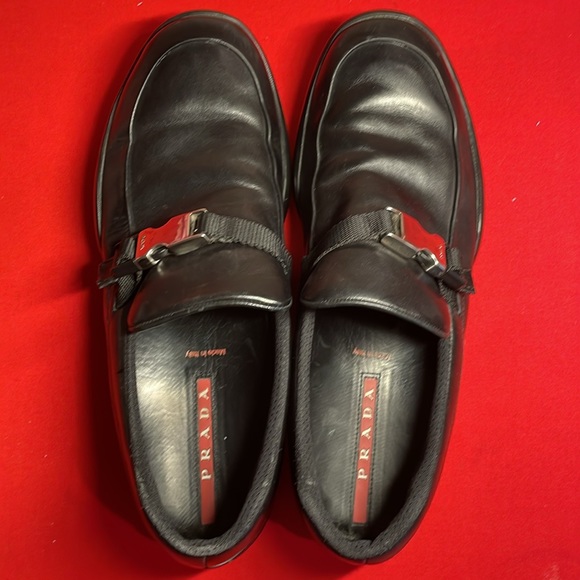 PRADA MENS’ BLACK LEATHER SLIP ON SHOES WITH BUCKLE (6.5) - Picture 3 of 13